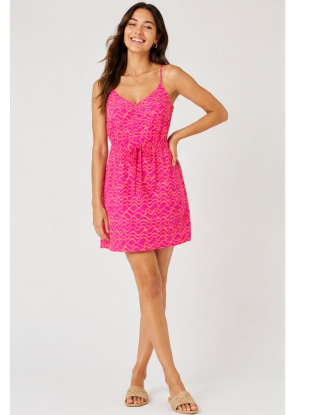 Sinsay Pink Orange Abstract Print Mini Dress Tie Waist Size Medium